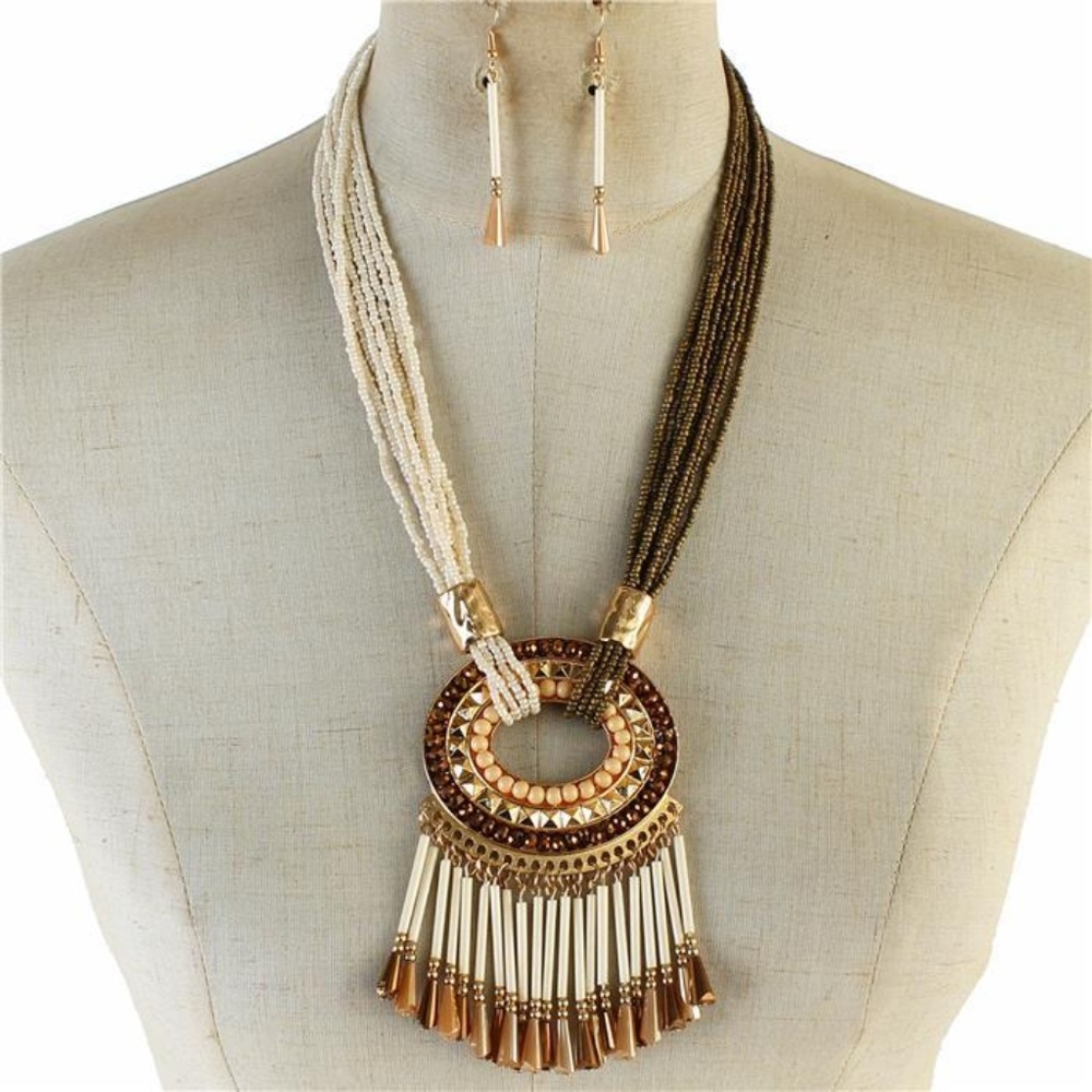 Multi Strand Brown Cream Necklace Earring Set